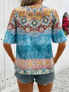Top Minimalista Boho con Estampado, Hombros Descubiertos, Cuello en V, Media Cremallera, Puños con Volantes, Ligero, Informal, para Uso Diario - Azul - Ver 3