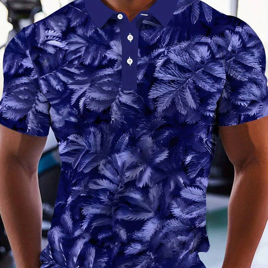 Men'S Short Sleeve Polo Shirt - Stylish Golf Shirt With Vibrant Blue & Purple Leaf Print, Casual Summer Tee, Button-Up Collar, Lightweight & Breathable Fabric For Casual Attire, Golf Shirt, Breathable Fabric, Stylish Golf Shirt, Durable Fabric - Nhiều màu - Xem 1