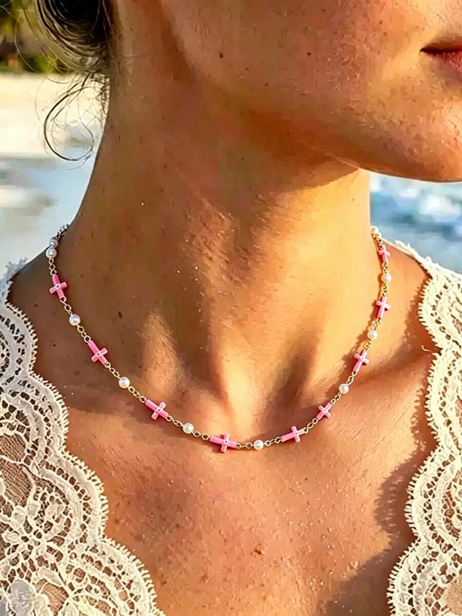 1 chiếc vòng cổ Maria mặt dây chuyền ngọc trai hình thánh giá mắt quỷ màu hồng nhỏ giọt thời trang mới, thiết kế và quyến rũ, vòng cổ dành cho nữ. - vòng cổ - Xem 1