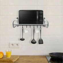 Doppelstöckiges wandmontiertes Mikrowellen-Regal mit Haken, aus Edelstahl gefertigt. Dieses verstellbare Gewürzregal eignet sich für Öfen, Toaster und Geschirr. - Silber - Übersicht 8