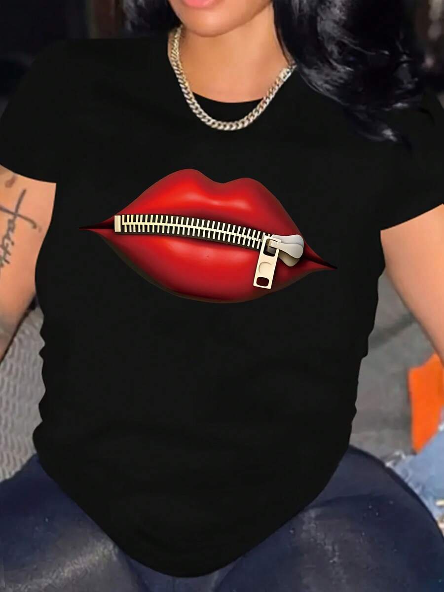 Camiseta de algodón de manga corta para mujer con estampado de labios rojos - Negro - Ver 1