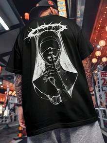 Camiseta de manga corta con hombros caídos y estampado de patrones retro para hombres - Multicolor - Ver 9