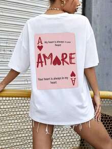 1 pieza Camiseta de mujer de manga corta y cuello redondo de verano con estampado casual de "As de Corazones" de póker - Blanco - Ver 2