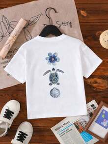 Short-Sleeved T-Shirt With Round Neck And Hibiscus Floral Print And Slogan, Minimalist And Fresh Casual Style For Teenage Girls, Ideal For Summer. - 黑色 - View 3