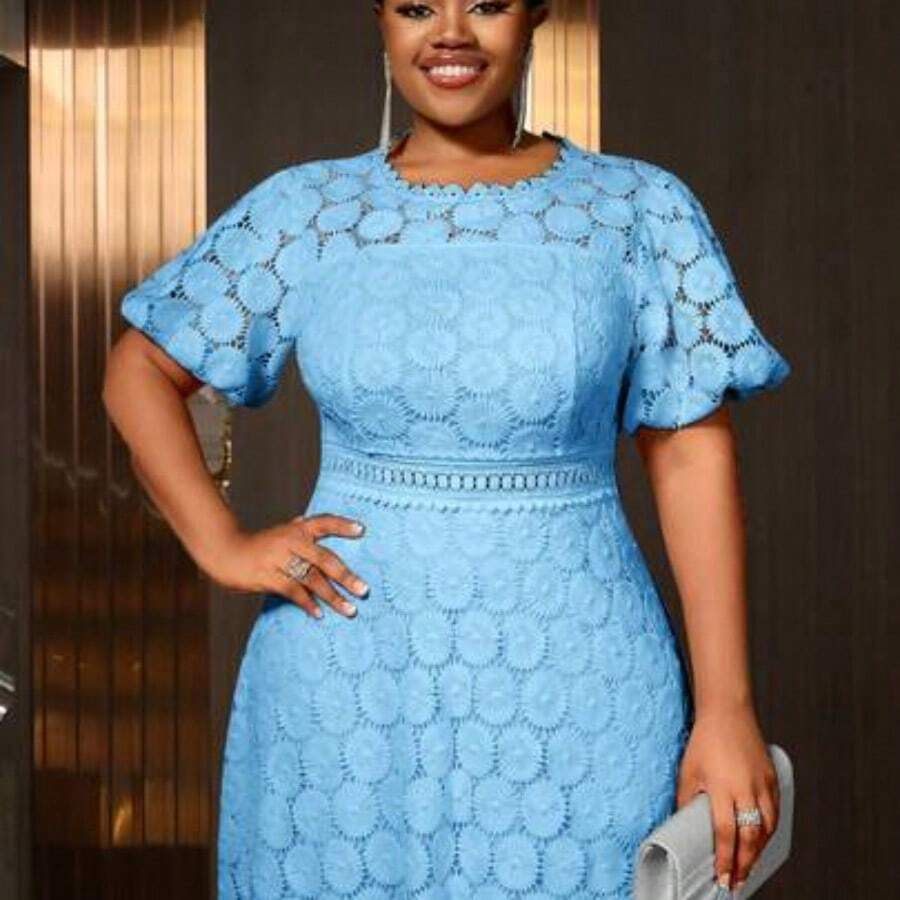 Plus Size Women's Lace A-Line Dress, Party Short Petal Sleeve Dress With Lining, Birthday Gift Elegant Summer - Celeste - Ver 1