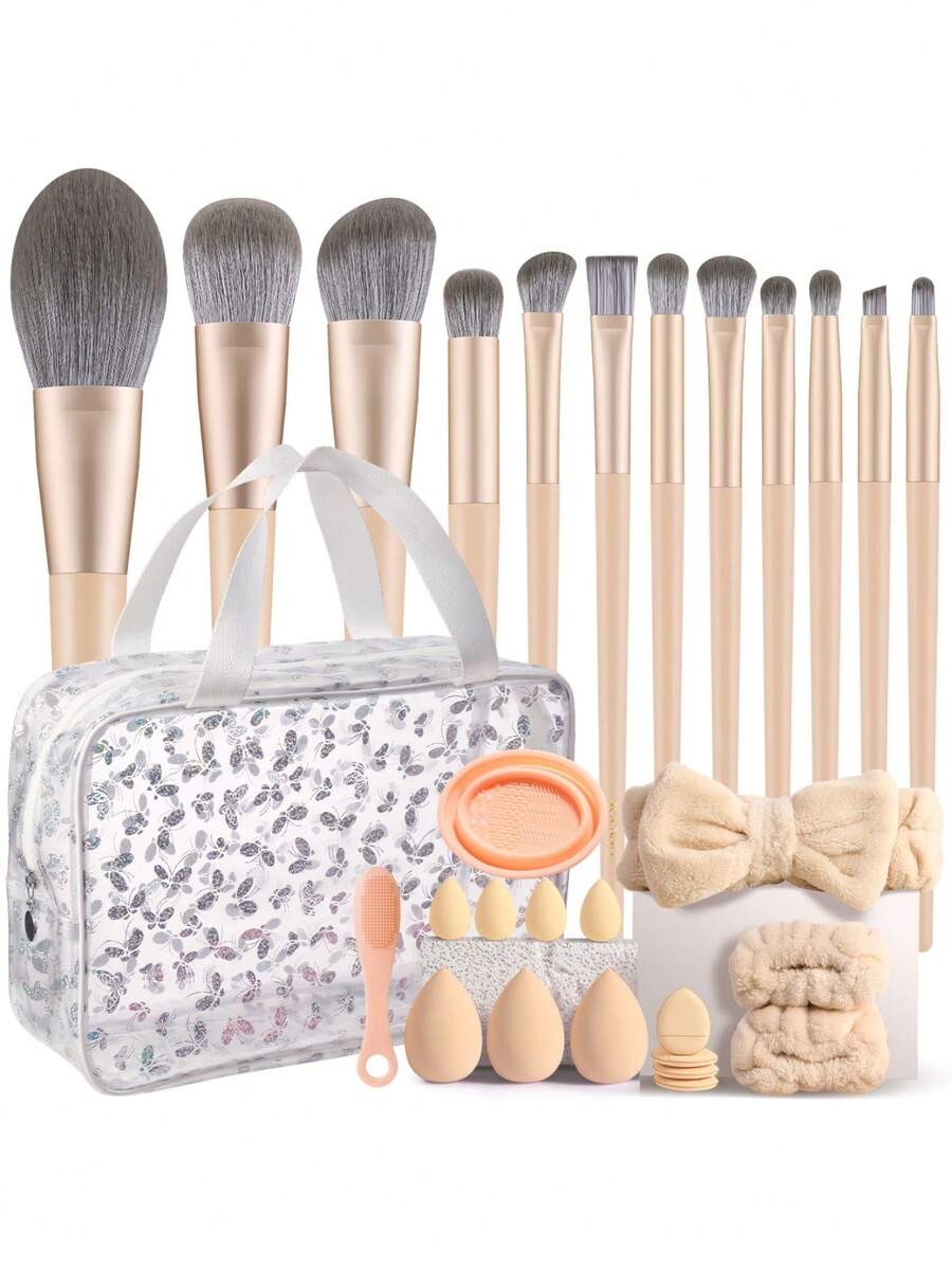 30PCS Makeup Tools Set Including: 10PCS Makeup Brush Set+1pc Hairband+2PCS Hand Bowl Strap+1pc Makeup Brush Cleaning Tools+3PCS Triangle Powder Puffs+3PCS Makeup Sponges+6PCS Mini Air Cushion Powder Puffs+3PCS Facial Cleansing Sponges+1pc Multi-Functional Zipper Toiletry And Cosmetic Bag Waterproof - Multicolor - View 1
