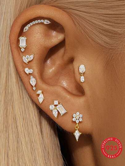 EleRunis 1件925纯银不对称马眼形耳环，扁平耳软骨穿孔饰品，适合日常佩戴、婚礼、派对、订婚、周年纪念、情人节等场合。