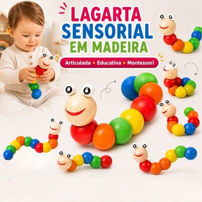 Brinquedo Minhoca Colorida Montessori Madeira Lagarta Colorida Educativa