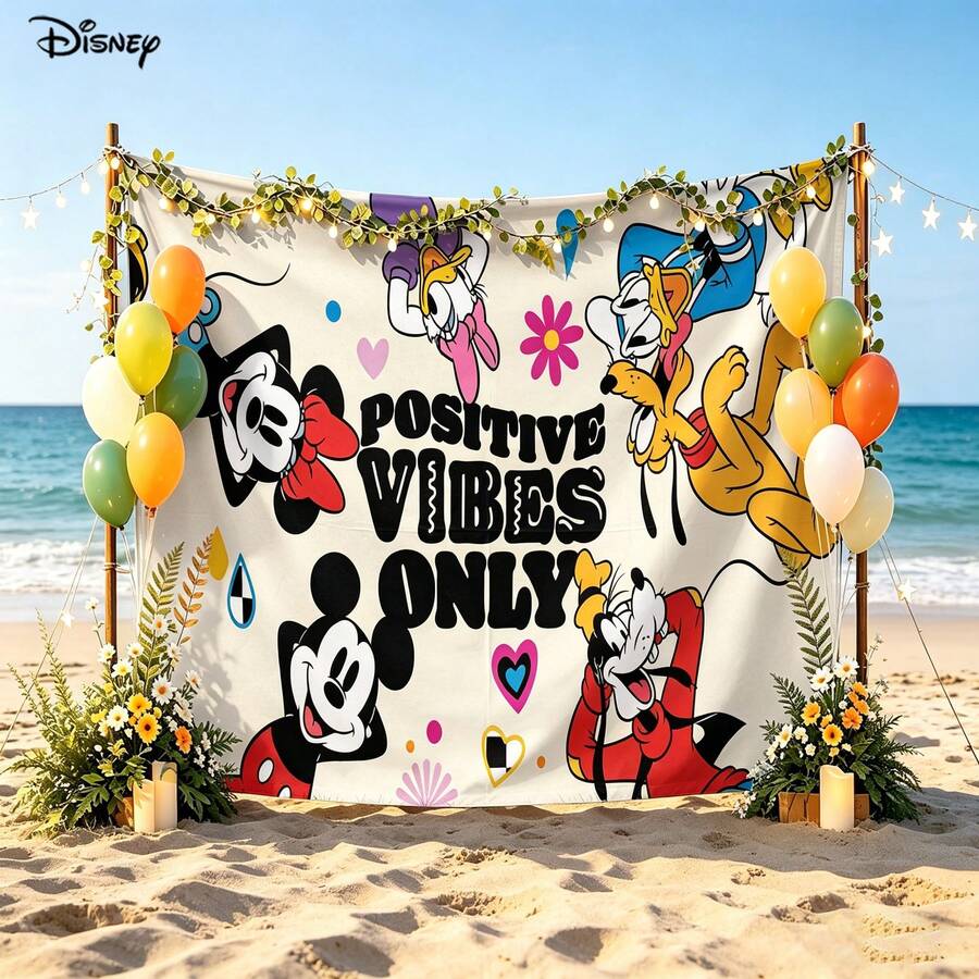 Disney Mickey And Friends Lively Cartoon Group Featuring The Slogan "Vibes Only" With Colorful Heart And Flower Accents Print No-Punch Backdrop, Perfect For Parties, Camping, Home Decor, Scene Setup And Gathering Displays - 0 - View 1