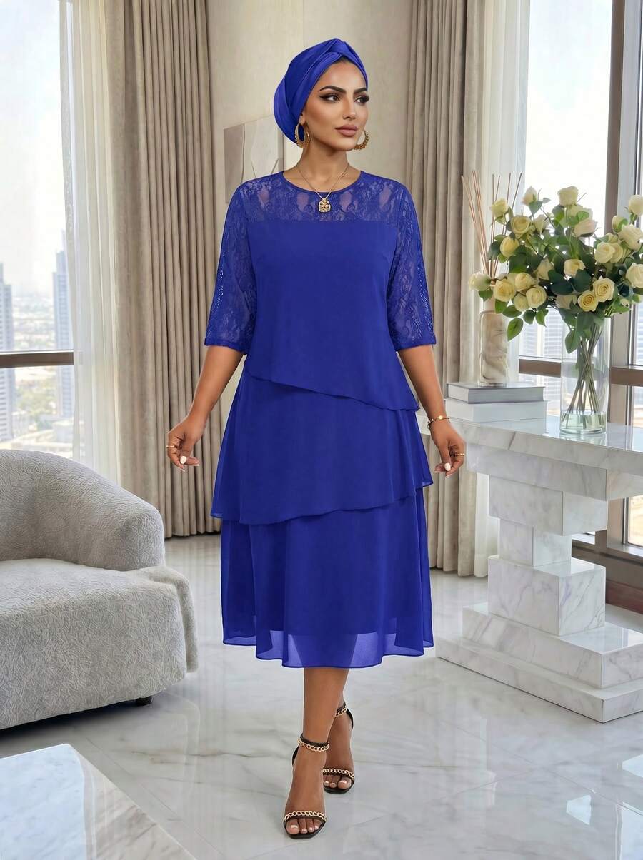 SHEIN Lady Đầm công sở Đầm đi nhà thờ Đầm công sở nữ Đầm midi xếp tầng xẻ tà tay khoét sâu màu xanh lam Đầm giáo viên Đầm giáo viên Đầm mùa thu Đầm ren Đầm bốn mùa thanh lịch cho phụ nữ Đầm ren mùa thu - Xanh đậm - Xem 1