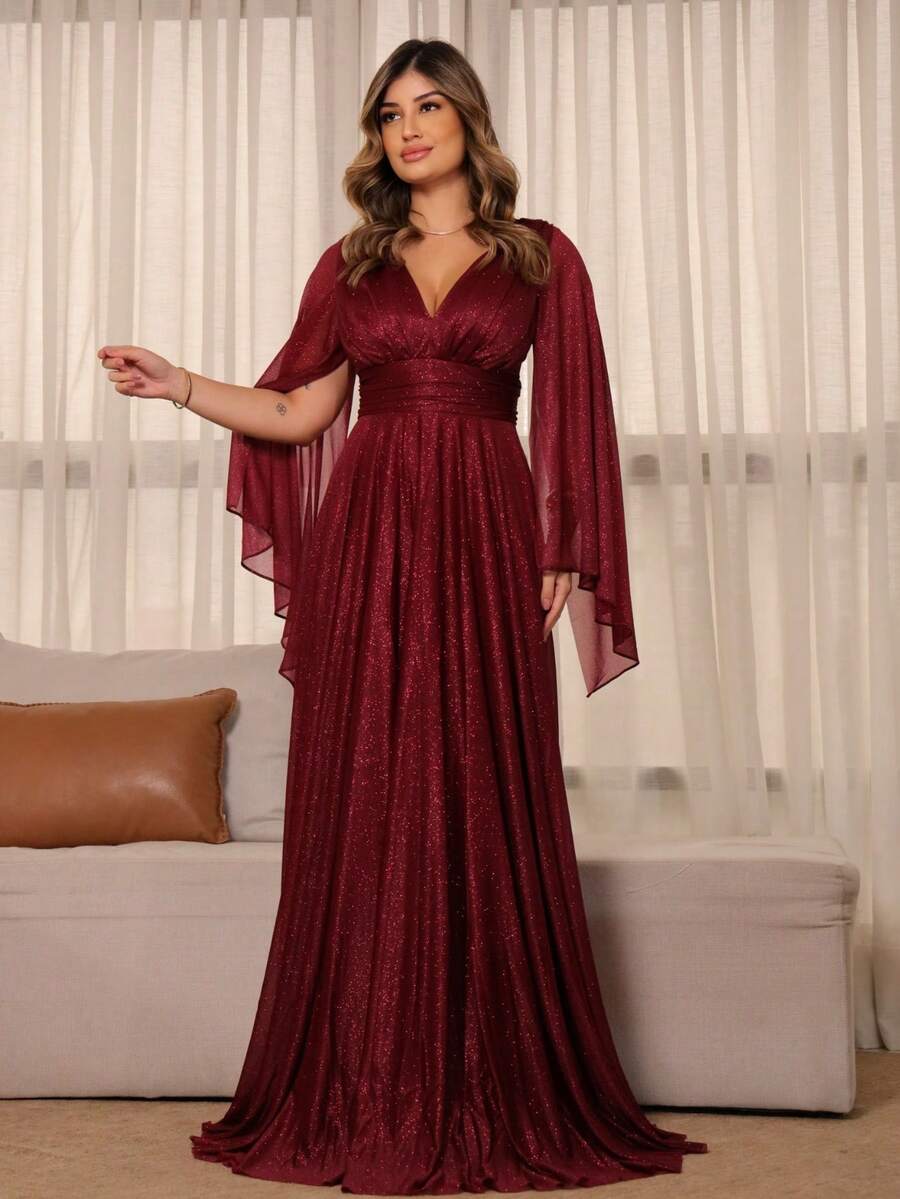 Luxury Long Dress With Flowing Sleeves And Deep Neckline – Timeless Elegance And Sparkle For Parties* - Color caoba - Ver 1