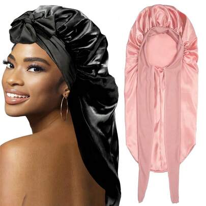 ZTZI 2 piezas Gorro de dormir casual de poliéster, gorro con lazo para asegurar, mantiene el cabello liso y brillante, gorro de noche para todo tipo de cabello