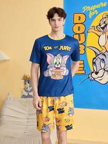 Noctvar OBM Sleepwear X TOM & JERRY Collaboration Men's Short Sleeve Top And Shorts Set, Colorblock Blue & Yellow Shirt + Allover Print Shorts Comfortable - Multicolor - View 2