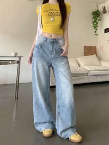 Quần jean nữ cạp cao cài khuy, túi khóa kéo, màu ombre thường ngày, thích hợp mặc hàng ngày trong mọi mùa - Màu xanh lam - Xem 4