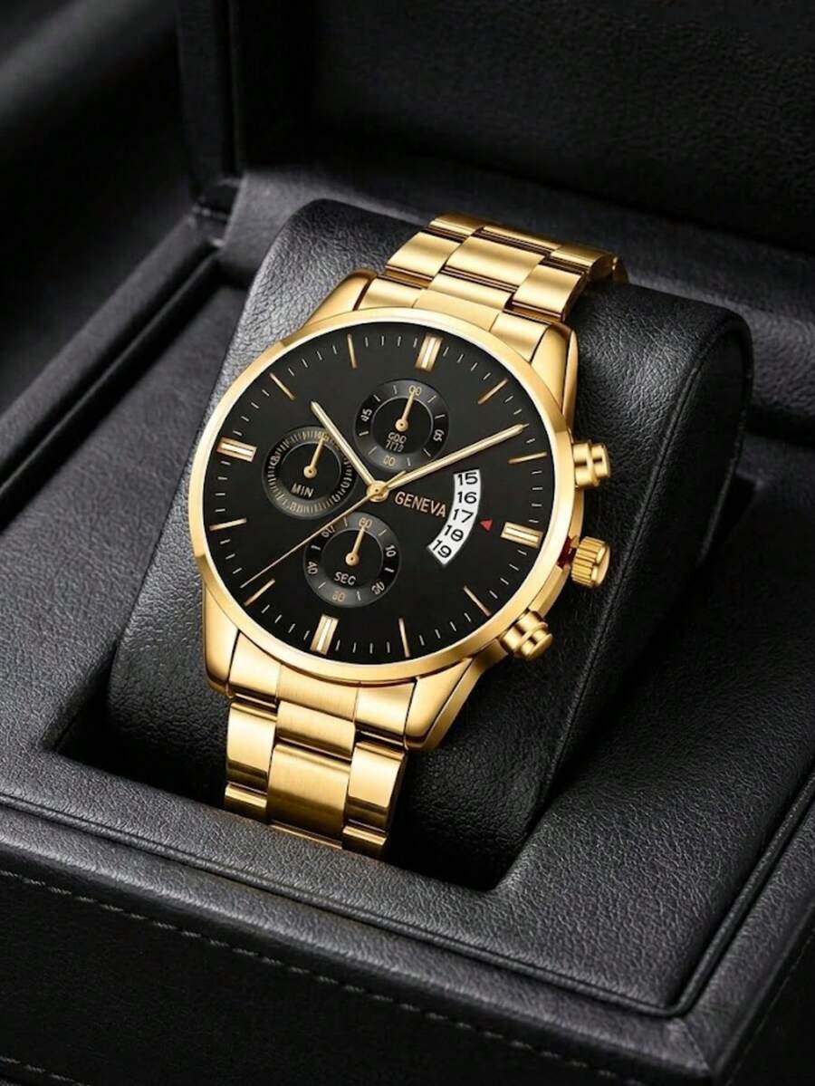 1 chiếc đồng hồ nam thạch anh với mặt số tối giản kiểu cổ điển và chức năng lịch, thích hợp để đeo hàng ngày, trang trí dự tiệc hoặc làm quà tặng nhân dịp Ngày của Cha, lễ tốt nghiệp, sinh nhật và các dịp lễ hội khác cho bạn bè và cha. - Vàng - Xem 1