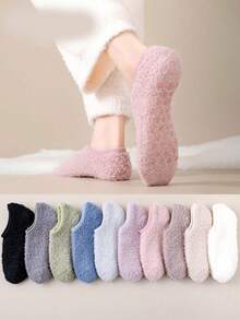 1/3 Pairs Random Color Women Crew Socks, Plush Lining, Silicone Non-Slip Bottom, Comfortable, Versatile, Suitable For Sleeping, Outdoor, Party, School, Soft And Breathable - Multicolor - View 2