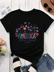 América 250 Años De Libertad 1776 2026 Camiseta Floral Patriótica Para Mujer, Ropa Para Celebración Del Día De La Independencia, Camiseta Blanca De Verano Fresca, Estilo Unisex - Negro - Ver 3