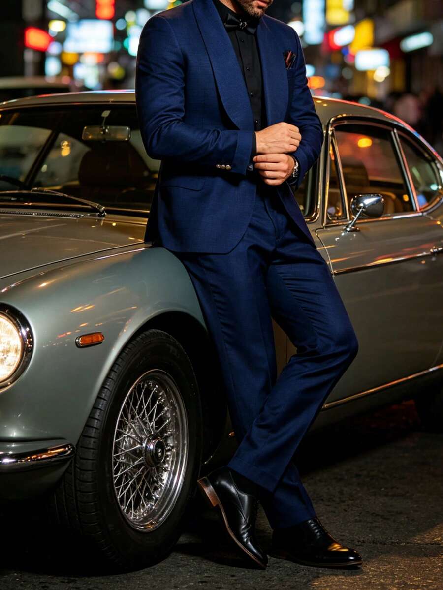 Men's TR Fabric Large Lapel 2-Piece Tuxedo Suit Jacket & Trousers, Fashionable Formal Wear, Comfortable For Wedding, Evening Party, Event, Holiday Celebration, All Season - Navy Blue - View 1