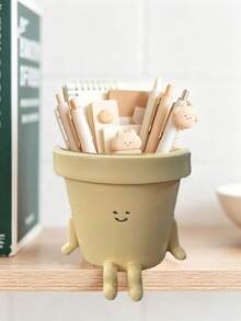 Cute Cartoon Face Large Capacity Pen Holder - Desk Organizer. Holds Pens, Markers, And Stationery. Portable Design, Suitable For Students And Office Workers. Off-White Color With A Playful Smiling Face Print. Office Supplies And Accessories, Desk Accessories, Desktop Accessories. - A - View 7