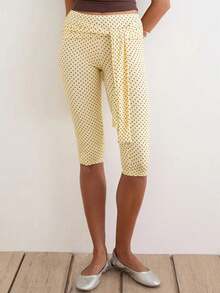Women Y2k Polka Dot Printed Capris Cute Low Rise Stretchy Cropped Pants Side Bow Tie Skinny Capri Leggings Going Out - 黃色 - 查看 3
