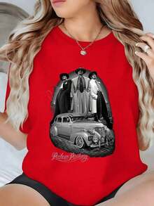 Women's Mexican Flag T-Shirt. Urban Scene With Three Elegant Figures Next To A Classic Car Symbolizing Chicano Tradition And Cultural Strength. Women's T-Shirt, 100% Cotton. - 紅色 - 查看 8