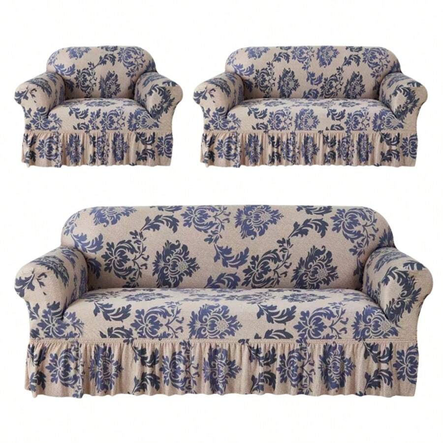 Cubre Sillones para Sala Sofá Cubre Salas 3piezas Fundas para Sillones Elástico Lavable,Decoración del hogar - Flores azules - Ver 1