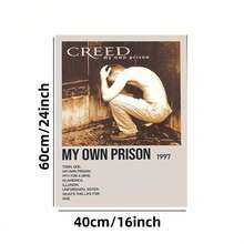 Enmarcado  2D plana,  y de alta definición, con la portada del álbum *My Own Prison* de Creed de 1997. La imagen muestra a un hombre agachado con las canciones del álbum listadas debajo, en una paleta de colores cálidos que crea una atmósfera opresiva. - Enmarcado - Ver 6