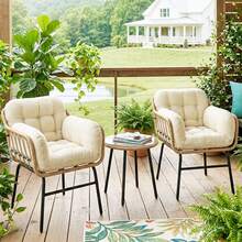 Outsunny Conjunto de Jardín Exterior de 3 Piezas, Muebles Jardín Exterior de Ratán PE, 2 Sillas con Cojines Suaves y Mesa de Vidrio Templado, Resistente a la Intemperie, para Balcón, Patio, Beige - A - Ver 9