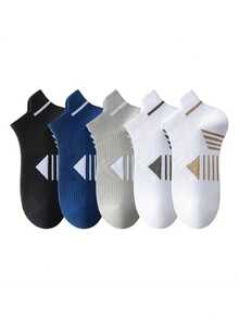 5 Pairs Men's Thin Mesh Breathable Running Sports Socks, Minimalist Solid Color & Striped Short Crew Socks For Summer - Multicolor - View 6