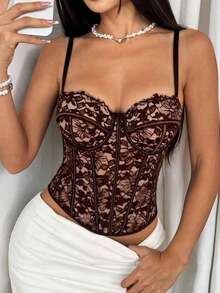 Top corset con adorno de encaje floral para mujer, elegante y casual para el verano - Marrón - Ver 3