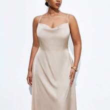 Maija Plus Size Apricot Draped Neck Satin Shiny Elegant Party Slip Dress, Outfit Deas For Fashionable For Business Casual Spring To Summer Spring Outfit Womenvalentine's Day Carnival Fasching Women Costume Party Beach Wedding Vacation Casual Women Easter Summer Outfits Easter Dress Women Party Top Beach Dress Summer Holiday Outfits Each Vacation Outfits For Women  Summer Outfit For Women Going Out Outfits Graduation Graduation Outfit  Casual Dresses  Casual Blouses For Women Elegant Women's Blou - Albaricoque - Ver 4
