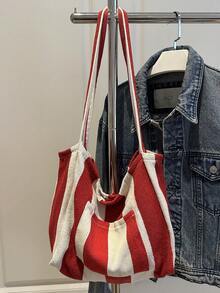 2026 Nuevo Bolso de Lona a Rayas con Estilo Retro, Gran Capacidad, Uso Versátil, para Trabajo, Escuela y Actividades al Aire Libre, Se Puede Usar como Mochila - Naranja - Ver 8