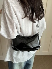 Korean Style Crocodile Embossed Handbag For Women, New Fashion Shoulder Bag, Minimalist Crescent Moon Tote Bag For Women, For Going To Work, Green - 柔和淡色 - 查看 5