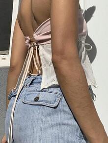 Top de tubo con ribete de encaje Y2k para mujer, elástico con hombros descubiertos Top corto, sin mangas, Top de tubo con espalda abierta, traje Grunge de hadas de los años 00 - Rosa - Ver 3