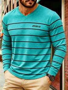 Men's Long-Sleeved V-Neck T-Shirt - 青碧色 - 查看 1