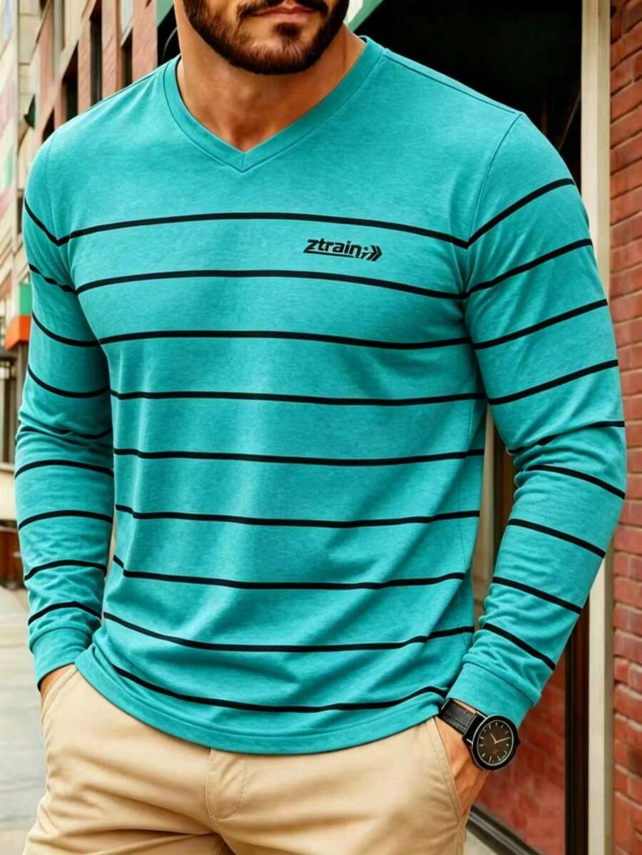 Men's Long-Sleeved V-Neck T-Shirt - 青碧色 - 查看 1