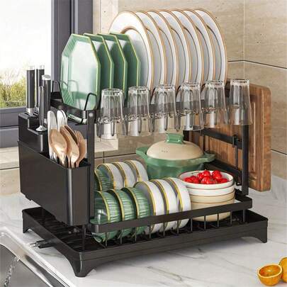 Bộ giá phơi bát đĩa 2 tầng màu đen trắng đặt trên bồn rửa - Có thể tháo rời, dung tích lớn, kèm khay thoát nước và giá đựng dụng cụ.