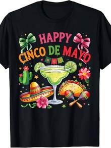 Camiseta para la Celebración del 5 de Mayo, diseño unisex adecuado para todas las edades, camiseta estampada de manga corta para el verano de 2026, 180G--Camiseta cómoda y relajada para el ocio. - Negro - Ver 1