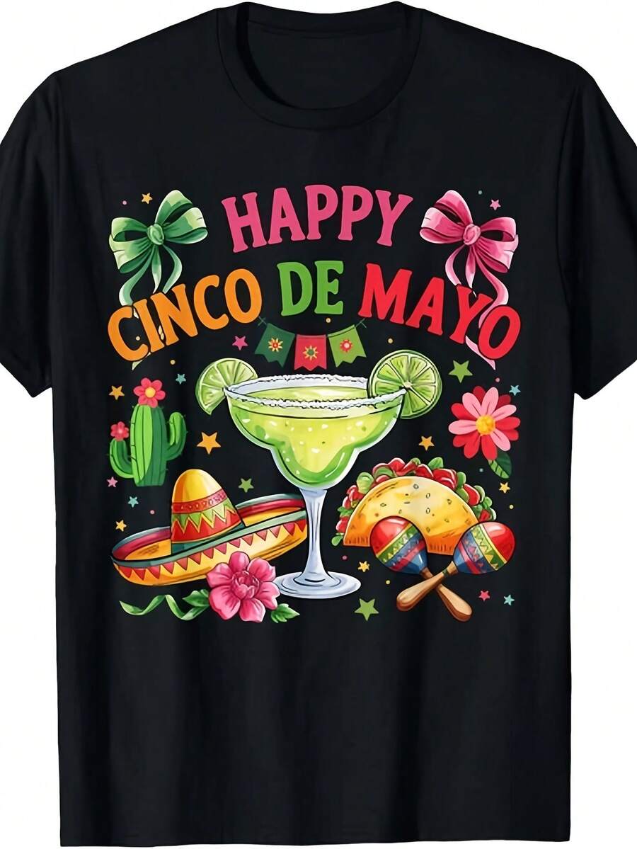 Camiseta para la Celebración del 5 de Mayo, diseño unisex adecuado para todas las edades, camiseta estampada de manga corta para el verano de 2026, 180G--Camiseta cómoda y relajada para el ocio. - Negro - Ver 1