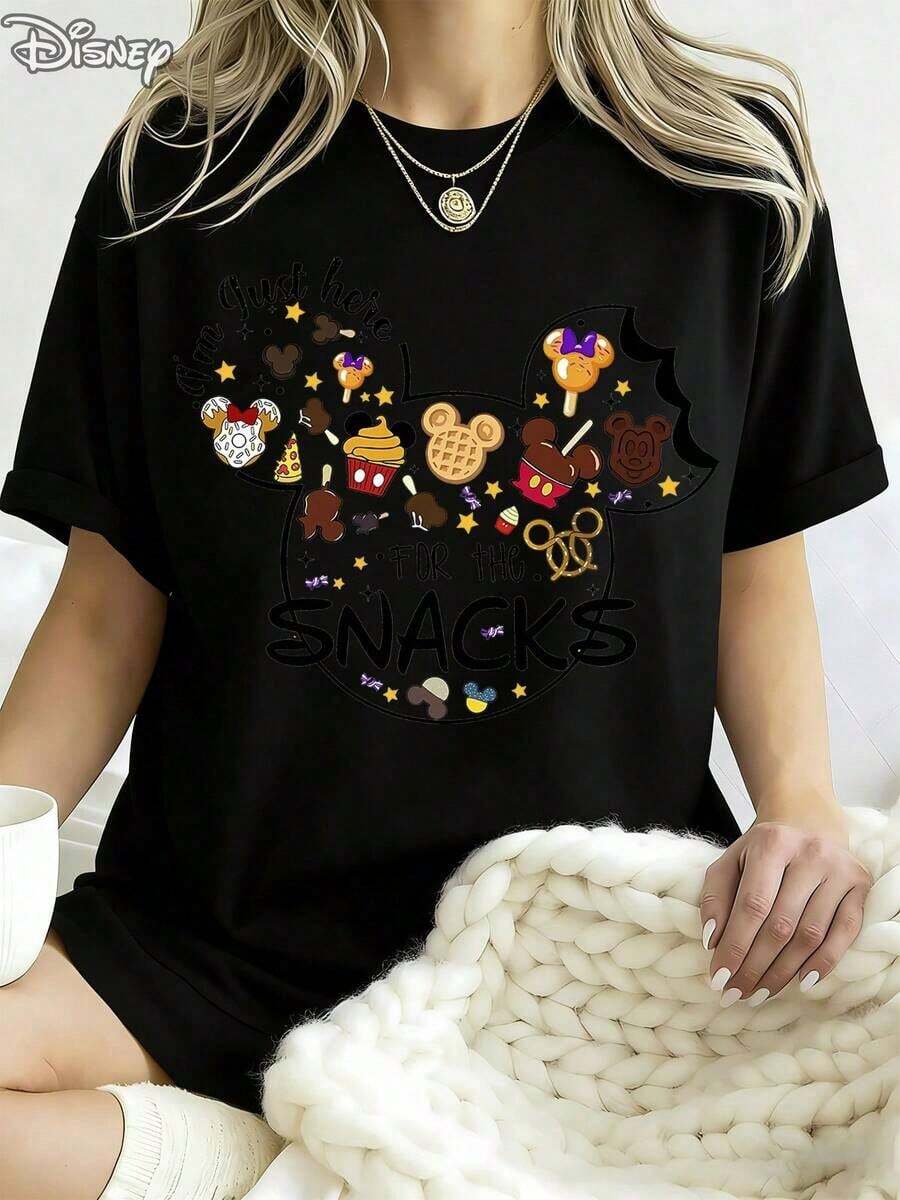 Including Disney Fashion Print Summer T-Shirt Im Here For Oversized Ultra Loose 100% Cotton For Women, Suitable For Daily Outings Summer Casual Wear - màu đen - Xem 1