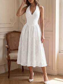Women's Elegant White Spaghetti Strap Maxi Dress, Deep V-Neck Backless A-Line Design, Suitable For Holiday Parties, Christmas, New Year, Formal Occasions - White - View 3