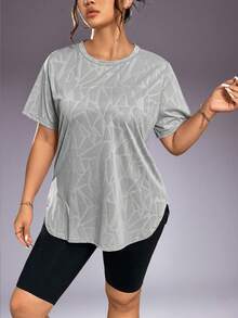 1pc Women Plus Size Casual Sports T-Shirt, Round Neck With Curved Hem, Summer - Grey - View 6