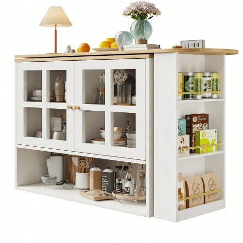 360° Rotating Dining Table, Simple And Modern Design, Multifunctional, Ideal For The Bedroom, Living Room Or Dining Room. It Is Equipped With A Snack Shelf, 5 Shelves And A Rotating Sideboard With Shelves And Glass Doors, White. - White - View 1