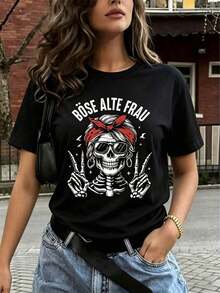Camiseta de manga corta con cuello redondo y estampado de esqueleto, cómoda para primavera/verano - Negro - Ver 1