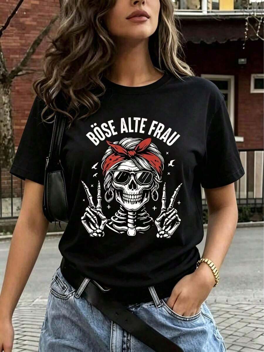 Camiseta de manga corta con cuello redondo y estampado de esqueleto, cómoda para primavera/verano - Negro - Ver 1