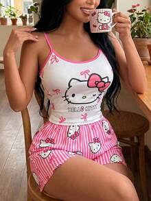 SANRIO 2件組 Hello Kitty 圖案女款睡衣套裝，柔軟細肩帶背心與短褲睡衣，舒適休閒居家服 - 玫紅色 - 查看 4