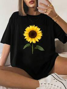 White T-Shirt With Sunflower Design, Perfect For Casual Outings And Everyday Wear - 黑色 - 查看 1