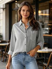 Women's Long Striped Long Sleeve Shirt - Black - View 1
