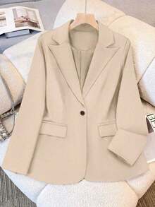 Chaqueta de blazer de unicolor con solapa para mujer, de manga larga con botones y bolsillos, adecuada para otoño, invierno y primavera.Chaqueta de oficina de manga larga, prenda exterior versátil para negocios y hogar, apta para otoño, invierno y primavera - Albaricoque - Ver 5