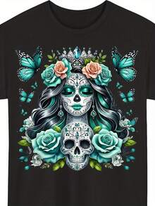 Camiseta de Calavera de Azúcar La Catrina del Día de los Muertos - Camiseta Casual de Cuello Redondo y Manga Corta con Estampado de La Calavera Catrina, Lavable a Máquina, Apta para Todas las Estaciones, Ropa, TALLA GRANDE - Negro - Ver 1